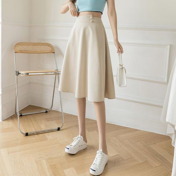 

skirts korean high waist slim umbrella skirt mid length fashion suit a-line, Black