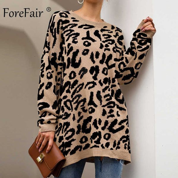 

forefair leopard casual oversize sweater woman autumn 2021 winter knitted animal print plus size loose long sweaters women v191130, White;black