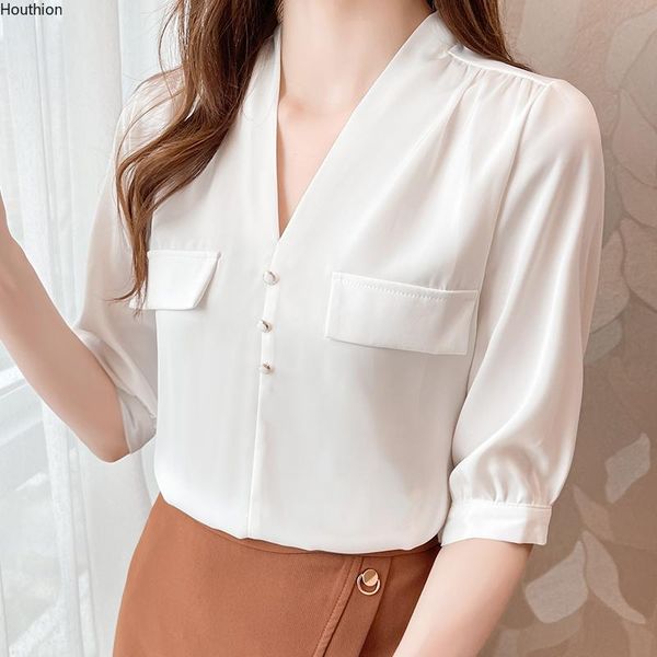 

women's blouses & shirts houthion short-sleeved blouse fashion casual shirt solid comfortable v-neck korean blusas women, White