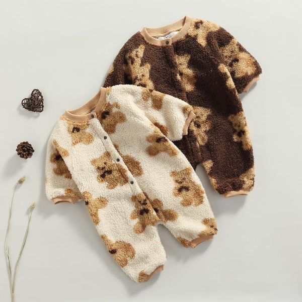 

jumpsuits born baby cute jumpsuit winter warm short sleeve bear print fleece romper girl boy clothes, Blue