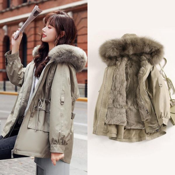 

women's fur & faux parker clothing long 2021 winter ins tide one coat, Black