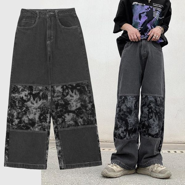 

men's jeans loose stitching tie-dye black straight-leg wide-leg pants streetwear high waist punk harajuku gothic hip-hop, Blue