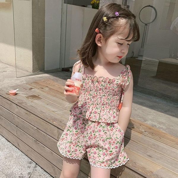 

clothing sets 2021 summer girls floral blouse shorts suit baby foreign style camisole pants two-piece trend p4349, White