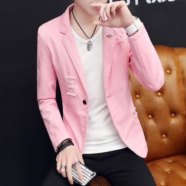 

men's suits & blazers mens clubwear hole ripped jackets one button casual coat solid slim fit men jacket, White;black