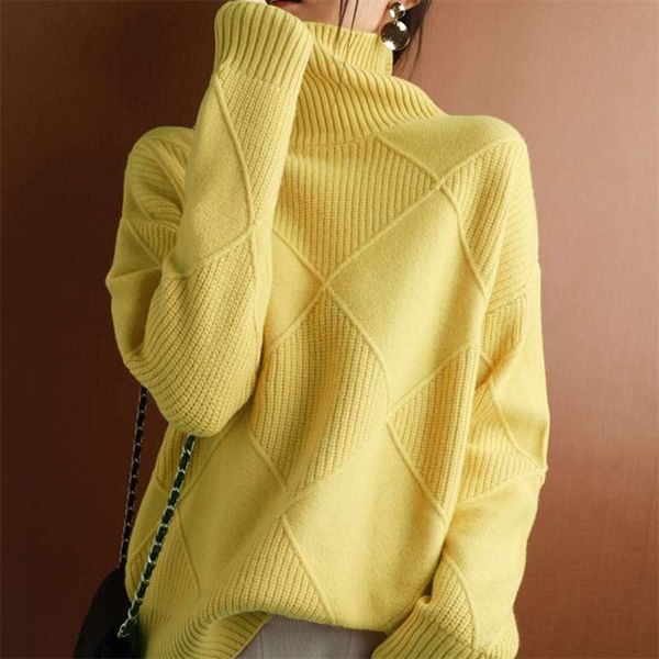 Cashmere Sweater Mulheres Turtleneck Cor Pura De Malha Pullover 100% Lã Loose Grande Tamanho 210927