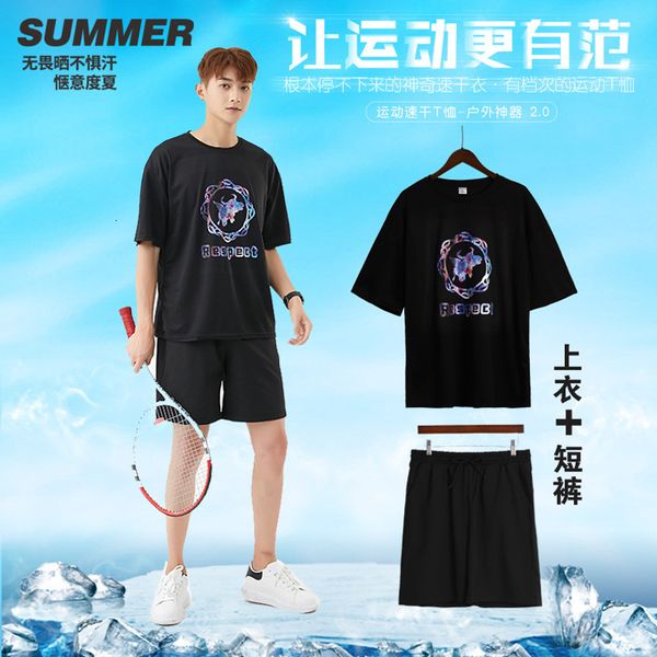 

men's t shirts large short sleeve suit thin quick drying sports t-shirt fashion personalized printed round neck shorts two piece set, White;black