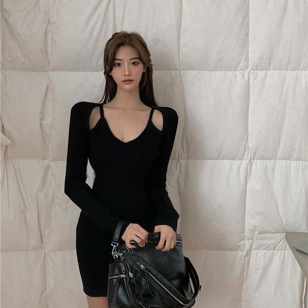 

casual dresses 2021 autumn style ins aesthetic korean fashion hollow out v-neck knitting mini bodycon dress vestido women's clothing, Black;gray