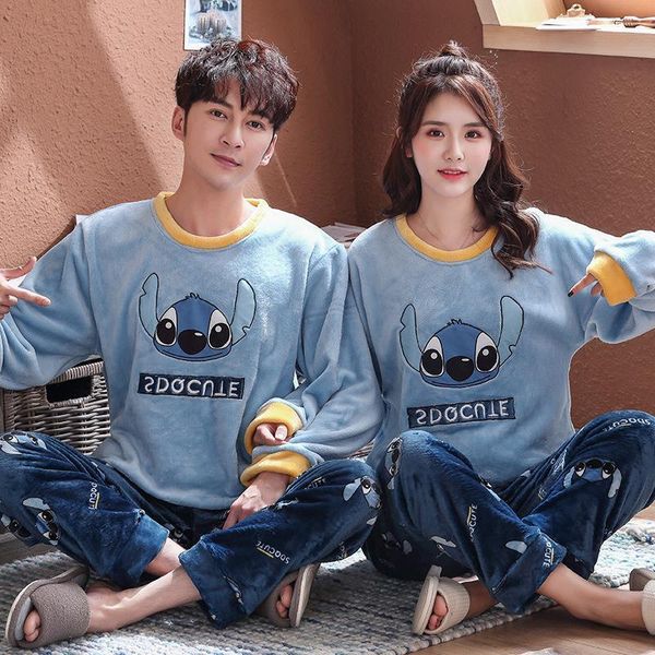 

winter flannel pajamas set for women man stitch panda cartoon pijamas mujer home clothes suits full sleeve warm pyjama sleepwear, Black;red