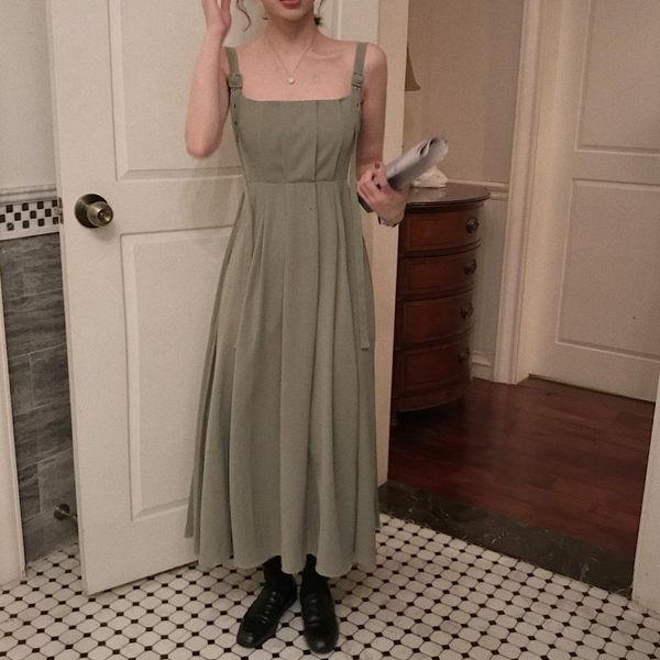 

2021 new long maxi women summer korean elegant sukienki spaghetti strap pleated party vestidos ropa mujer robe mwf7, Black;gray