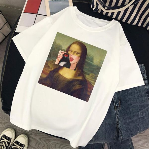 

mona lisa spoof personality women t shirts fashion summer harajuku aesthetics short sleeve white casual