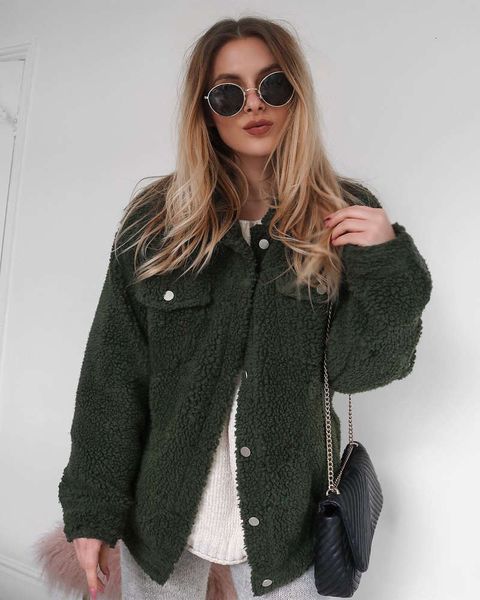 

autumn winter fashion lapel pocket long sleeve plush coat, Black;brown