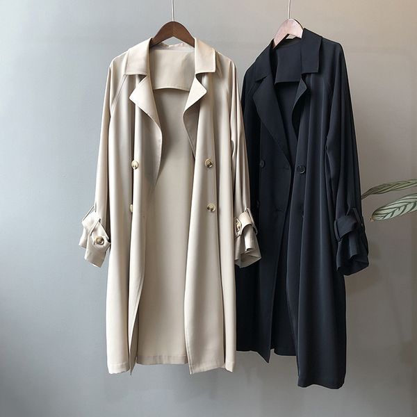 

2021 new casual double breasted coat women long sleeve turn down collar solid windbreaker autumn winter vintage loose outwear coats qx9q, Tan;black
