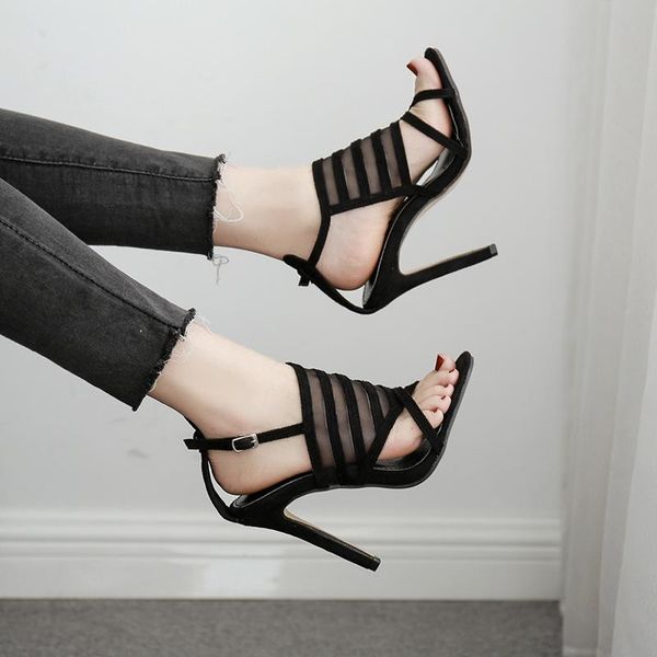 

sandals 35-42 large size shoes hollow mesh ribbon splicing high heel, Black