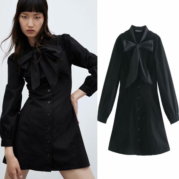 

2021 new spring autumn women es elegant long sleeve shirts bow collar solid a-line mini party single-breasted qihs, Black;gray