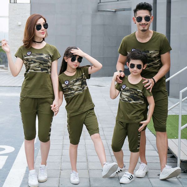 

parent child summer 2021 korean short sleeve army green camouflage pants family sports suit for lovers, Blue