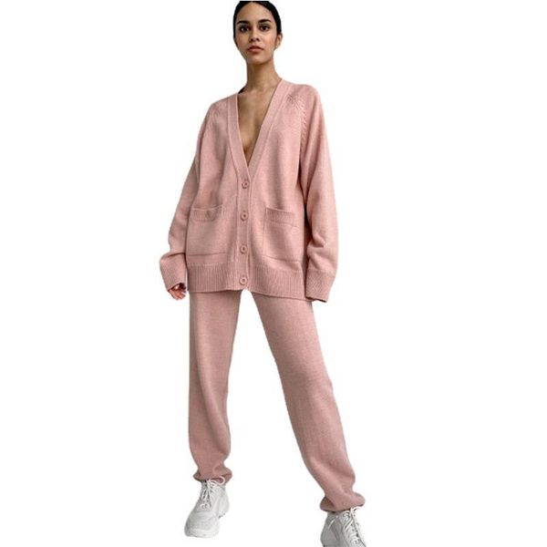 

women's two piece pants solid women 2 outfits autumn long sleeve v neck high waist casual warm female matching sets trendy t651, White