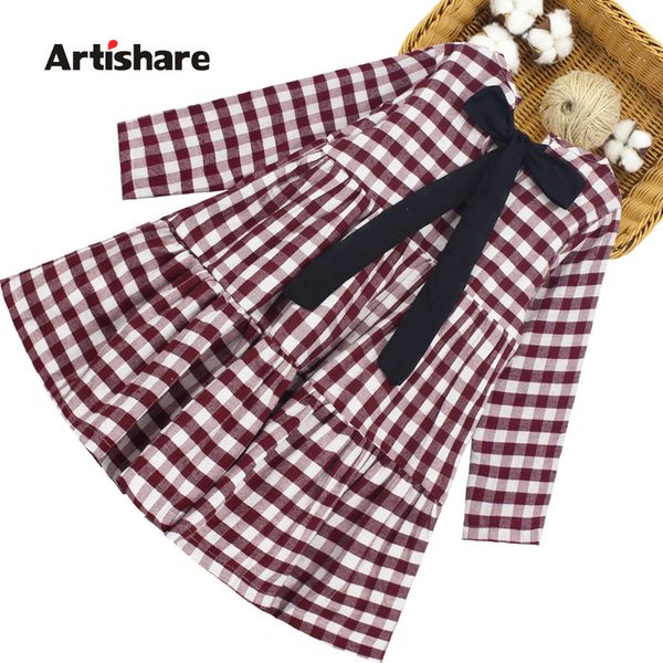 

spring kids dresses plaid cake long sleeve party dress autumn casual teenage clothes for girls 210303, Red;yellow
