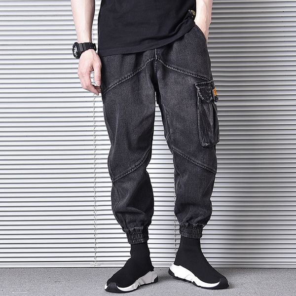 

2021 new japanese vintage fashion loose fit multi pockets denim cargo pants harem trousers streetwear hip hop jeans men joggers 89s4, Blue