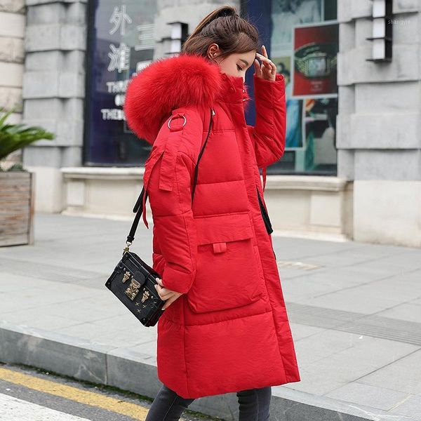 

winter women jacket coat female big fur hooded parka slim long down cotton coats warm outwear jackets chaqueta plus size yjt0441, Black