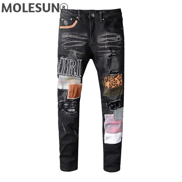 

men's jeans male pant trousers high street patch ripped hole black slim elastic pants for man 615, Blue