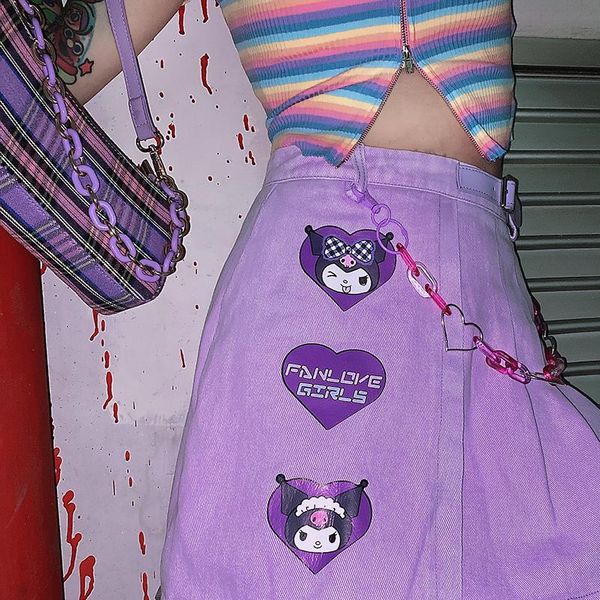 

harajuku cool love cartoon buckle purple high waist a word pleated denim skirt skirts drop shipping good quality, Black