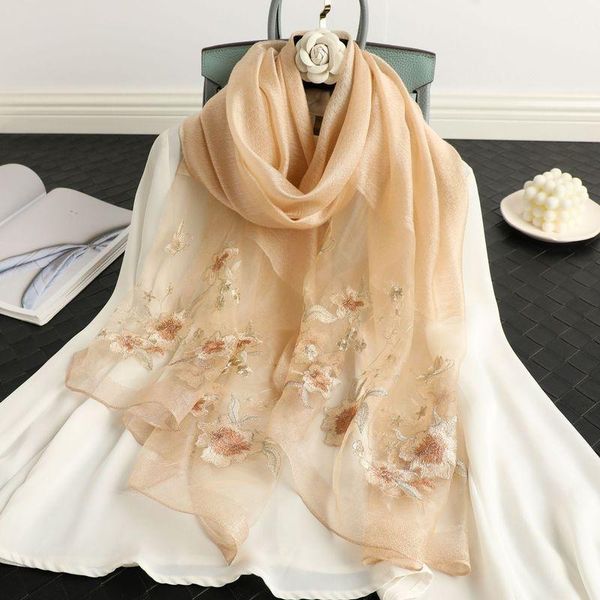 

spring and autumn new silk scarf mulberry thin embroidery silk wool blended scarf travel shawl, Blue;gray