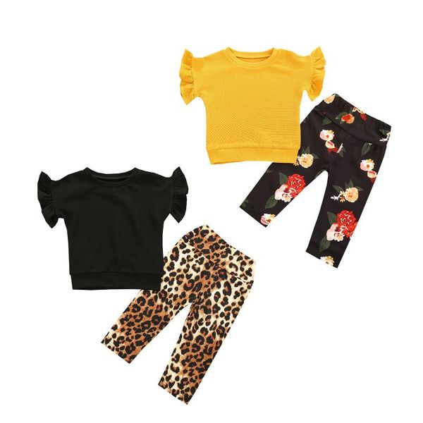 

clothing sets 2021 fall autumn 0-18m toddler baby girl 2pcs set solid color flared short sleeve leopard/floral print pants outfit, White