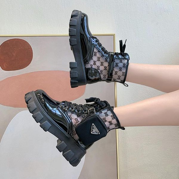 

boots large-size style locomotive shoes women 2021 mesh lace-up, Black