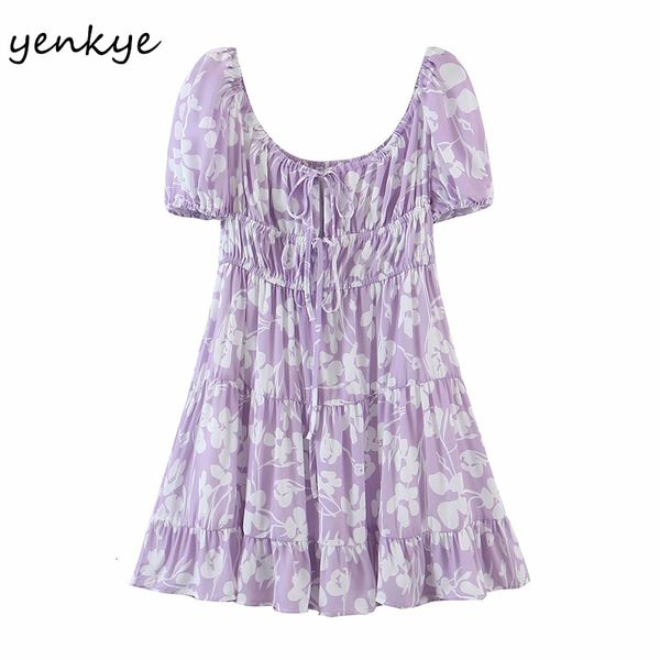 

2021 new holiday summer women collar sleeve drawstring lace up robe femme floral print short vestido casual ynlj, Black;gray