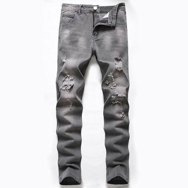 

mens fashion casual jeans pants slim fit denim trousers male solid color plus size hole male pants, Blue