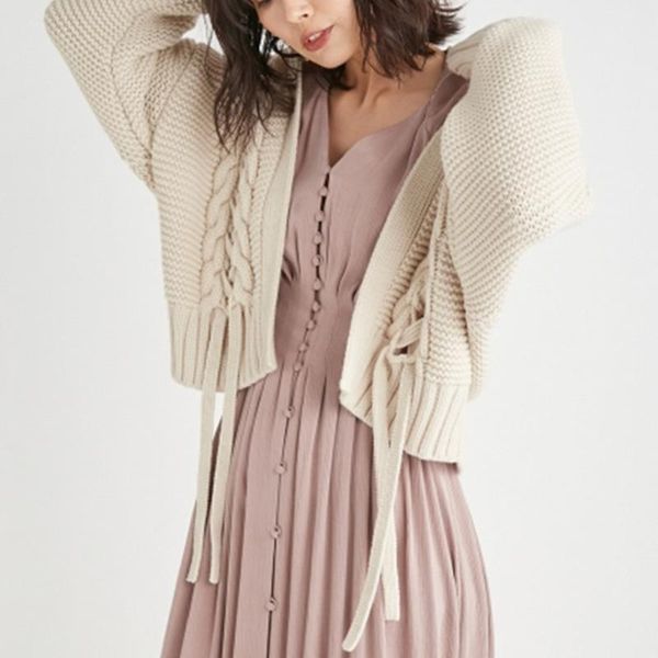 

women's knits & tees japan style bandage chic cropped knit cardigan 2021 long sleeve solid fall sweater women lace up fashion sueter mu, White