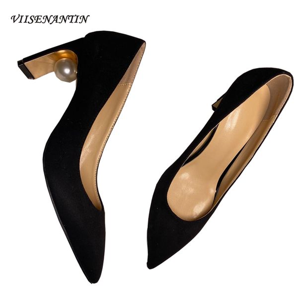 

pearl decor strange heel women pumps shoes pointed toe suede leather autumn new stylish dress shoe for female elegant shoe 210225, Black
