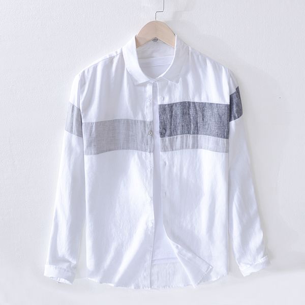 

2021 new mens camisas linho costura ocasional tendncia solto marca moda patchwork camisa de manga longa homens w6qz, White