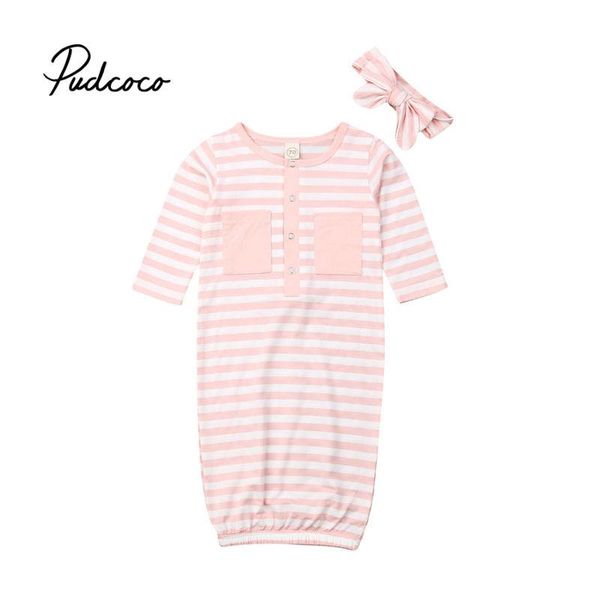 

2pcs newborn baby cotton long sleeve striped print swaddle wrap knotted sleepwear sleeping bags + warm headband