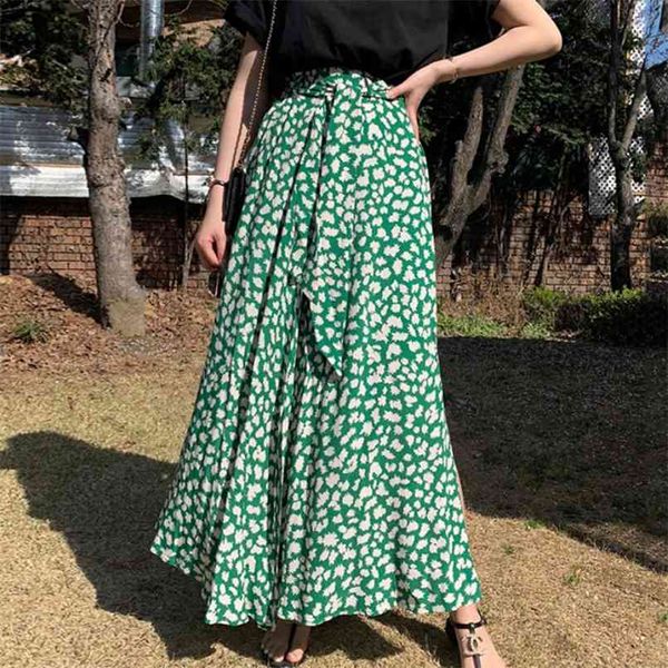 

split ends floral print ruffle pleated long skirts summer women korean style streetwear drawstring elastic waist midi skirt 210529, Black