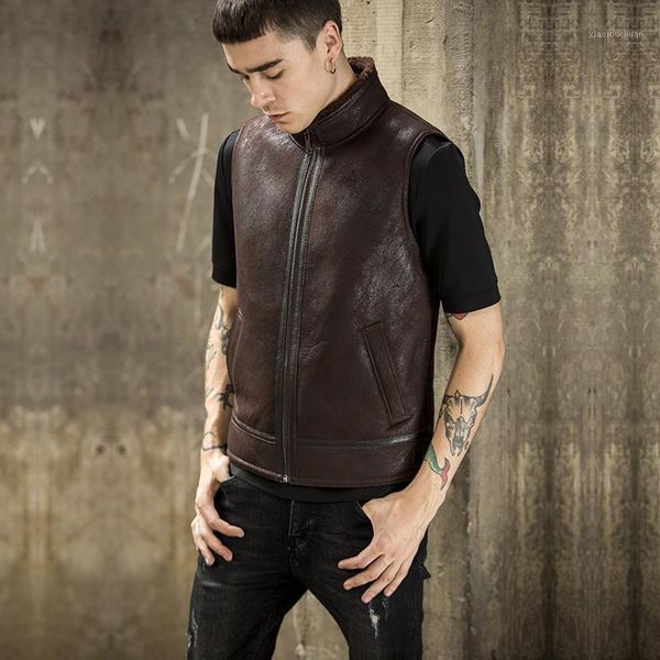

men's leather & faux autumn and winter warm fur vest genuine jacket men short stand collar original ecological one sheepskin waistcoat, Black
