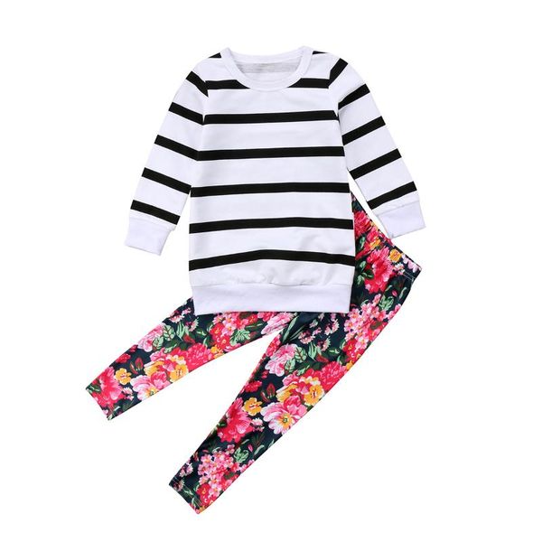 

clothing sets 2021 fall autumn 2-8y kids baby girl 2pcs set striped white-black long sleeve floral print pants casual children outfit