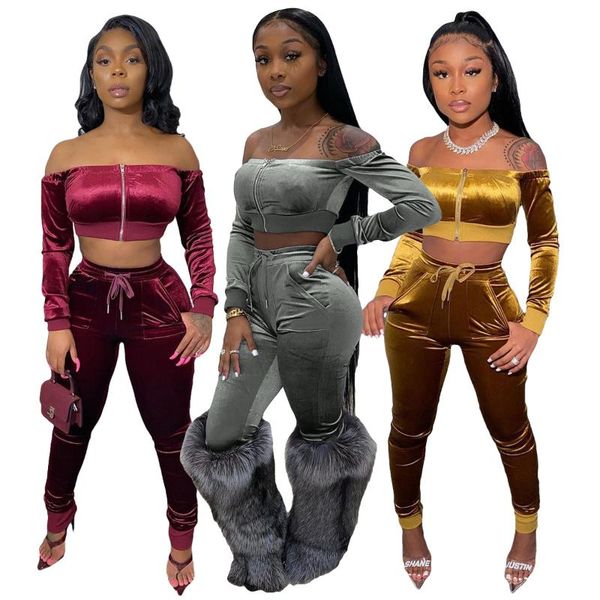 

women's tracksuits 2021 autumn 2 piece set velvet tracksuit women zipper crop off sholder slash neck lounge wear sports jogger suits fe, Gray