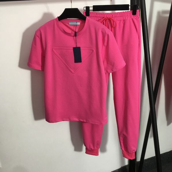 

leisure short sleeve tracksuits suit triangular letter t shirt elastic waist sports pants 2 piece set, Gray