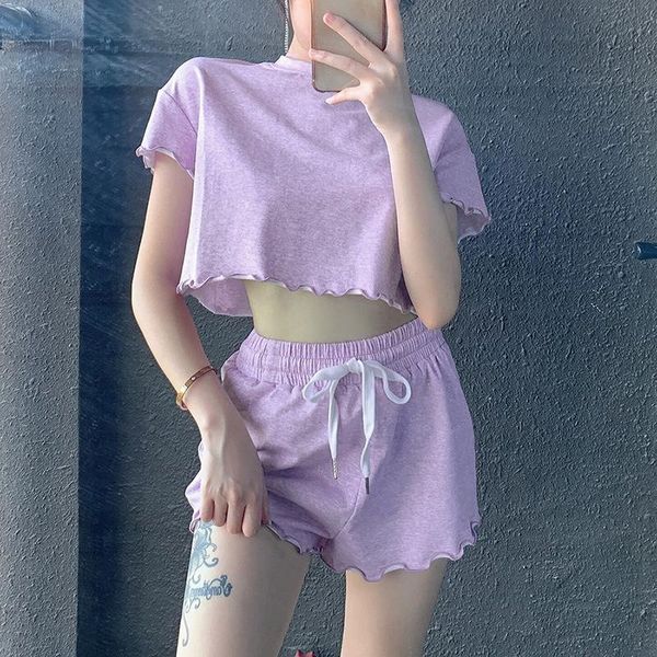 

2021 summer women's solid color t-shirt shorts pants suit with exposed navel wood ears, Gray