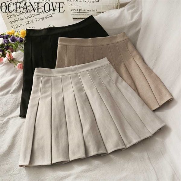 

oceanlove pleated skirt solid autumn winter vintage high waist mini korean faldas mujer clothes 19199 211124, Black