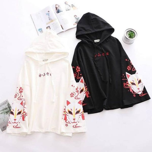 

girl loose hooded long sleeve sweatshirt harajuku kawaii vintage fushimi inari shrine fox printed hoodies leisure pullov, Black