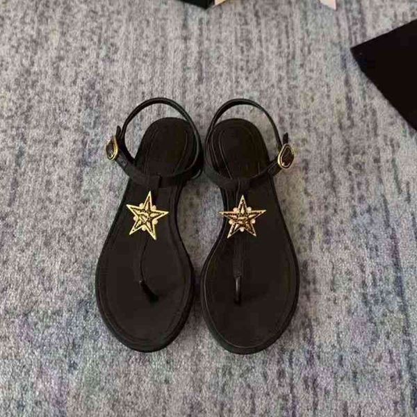 

summer women fllat sandal genuine leather ankle star luxury brand designers design back strap slippers flip flops, Black