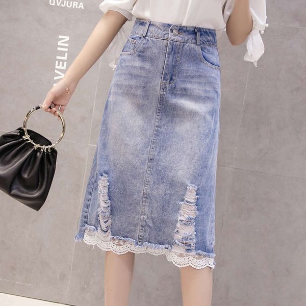 

hip hop and lace denim women's 2021 spring cut summer hole new versatile reduced age high waist hip medium length skirt k, Blue