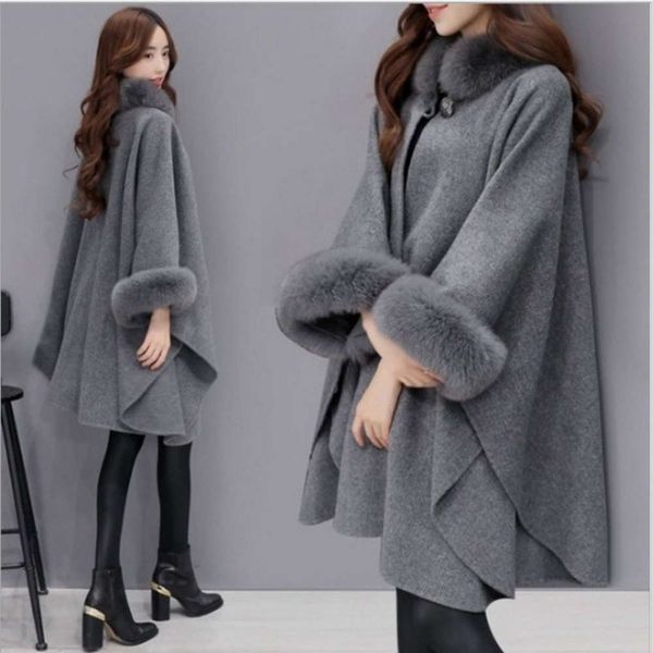 

20212019 winter new korean big collar cape hepburn loose size women's woolen coat, Black
