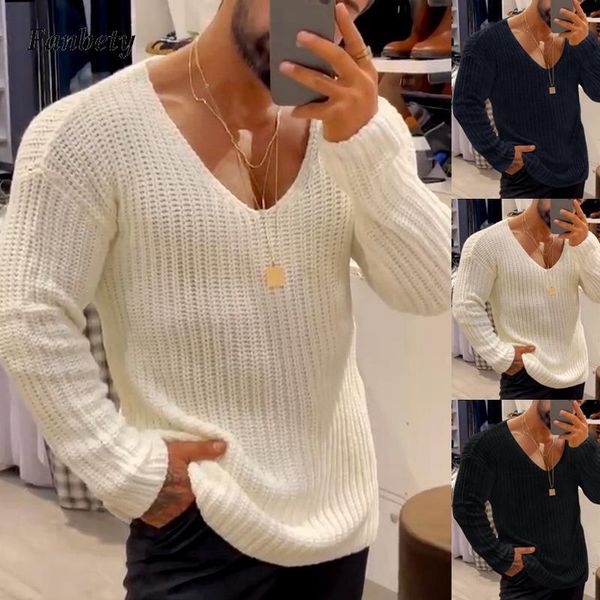 

men's sweaters autumn harajuku long sleeve jumper streetwear mens casual v-neck solid sweater 2021 winter fashion knitted pullover for, White;black