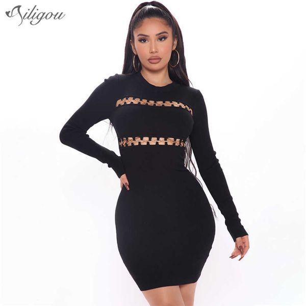 Seksi Hollow Zincir Bandaj Elbise Kadın Bodycon Uzun Kollu Mini Club Parti Giyim Yaz Vestidos 210527