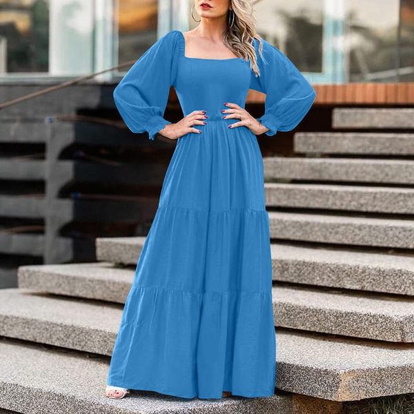 

casual dresses long sleeve maxi dress vonda 2021 autumn women bohemian puff square collar sundress femme vestidos, Black;gray