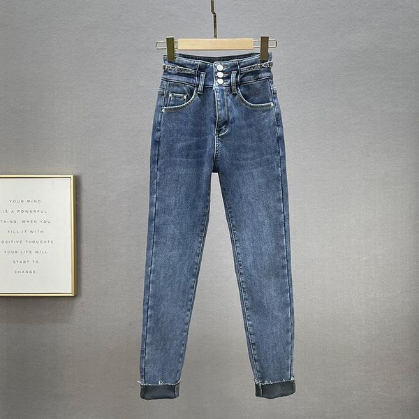 

women's jeans velvet skinny for women jean21 winter high waist slimming cotton elastic pencil pants girls thick warm denim trousers, Blue
