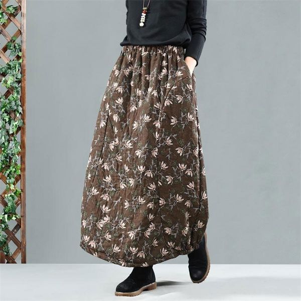 

autumn winter new arts style women elastic waist thicken warm loose long skirt vintage print cotton casual a-line skirts m267 210315, Black